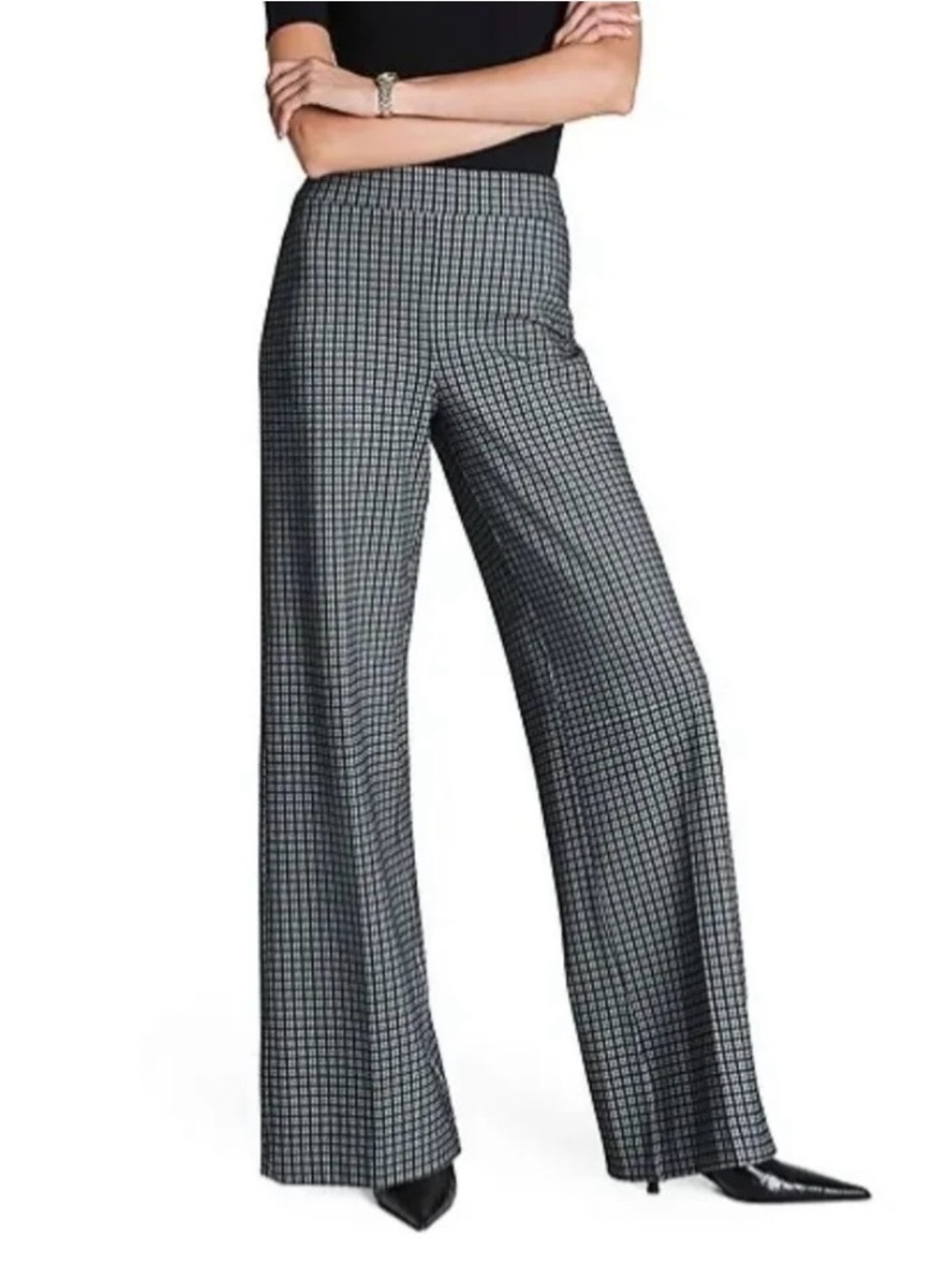 SPANX The Perfect Wide Leg Pant Ponte Check Plaid Navy White Size L